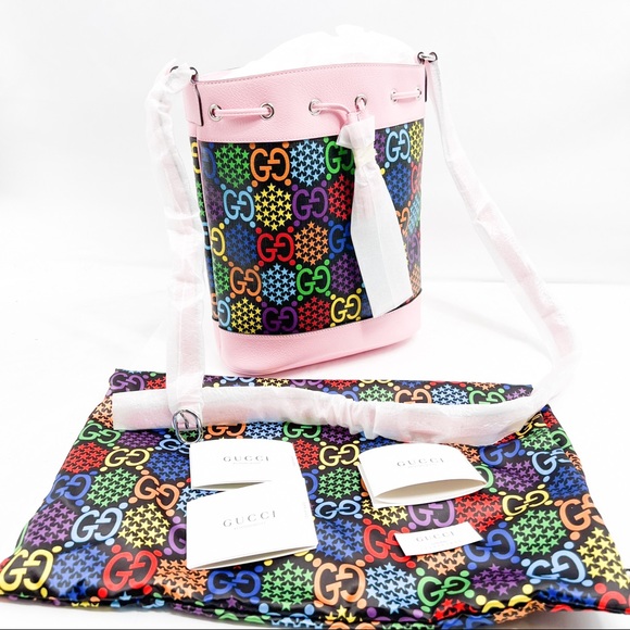 Gucci Psychedelic Multicolor Print Bucket Bag Pink with Drawstring - Picture 3 of 16
